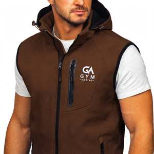 GYM Active <b>Brown</b> Hooded Fleece <b>Vest</b> Breathable Unisex Zipper Pockets Logo Front Casual Autumn Washed Nylon/Cotton Hooded Stand - Product Image 2