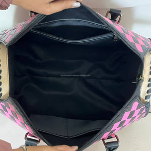 Designer Pink & Black Checkered Hand Tooled Leather Small Speedy <b>Bag</b> Compact <b>Women</b> Top Handle Mini <b>Shoulder</b> Crossbody Duffel <b>Bag</b> - Product Image 6