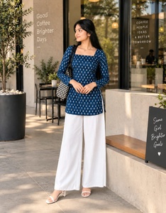 Block Print Handmade Kurti | Square Neck | Full Sleeve | Blue not Dark Blue | Stylish Ethnic <b>Top</b> | Short Kurti for Women - Product Image 1