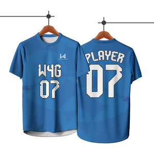 Maillot de football personnalisé sublimé pour homme, bleu, manches courtes, respirant, en polyester, toutes saisons, numéros d'équipe imprimés, col rond - Product Image 3