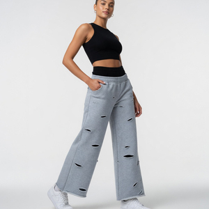 Pantalones anchos de mujer con doble cintura y efecto desgastado Glory Custom para ropa urbana, calidad premium, venta al por mayor OEM - Product Image 3