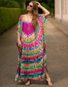 Vestido maxi tie-dye para mujer, cuello redondo, manga corta, corte holgado, estilo bohemio, ropa de playa de verano, material de rayón, dobladillo con abertura - Product Image 3