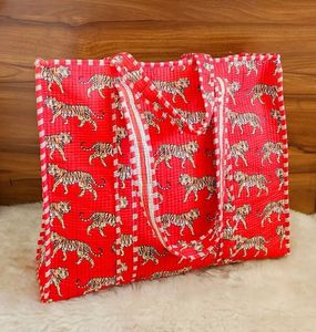 Best Seller <b>Hot</b> <b>Pink</b> Jungle Animal Leopard Cotton Kantha Quilted Storage Tote <b>Bag</b> Women Shoulder Travel Carrying Handbag Striped - Product Image 4