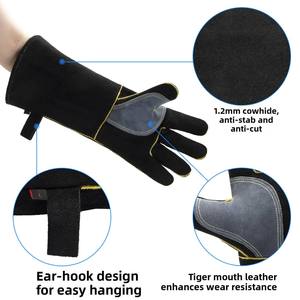 Guantes de Soldadura con Revestimiento de Cuero y Forro de Nomex, Resistentes a Salpicaduras de Metal Fundido, Negros con Costuras Amarillas - Product Image 3