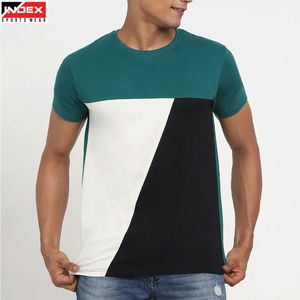 Camiseta Deportiva de Punto Transpirable para Hombre, Cuello Redondo, Manga Corta, Ajuste Delgado, Diseño Geométrico con Bloques de Color - Product Image 1