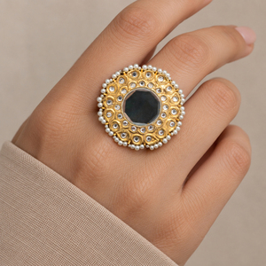 Gold Plated Round Mirror <b>Statement</b> <b>Ring</b> with Kundan Style Detail and Faux Pearl Border Wedding Jewelry Wholesale Bulk Supply - Product Image 1