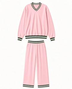 Nueva Llegada, Sudadera de Color Rosa con Cuello en V para Mujer, Sudadera Holgada de Algodón con Hombros Caídos, Pantalón Informal, Conjunto Deportivo para Mujer - Product Image 1