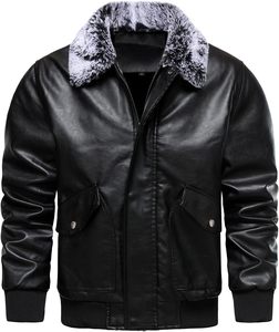 Men Black PU Leather Slim Bomber <b>Jacket</b> with Collar Zipper Front Moto <b>Biker</b> Style Autumn Wear 100% Polyester Fiber Filled - Product Image 1