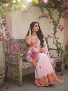<b>Orange</b> Color Digital Printed Embroidered <b>Saree</b> With Lace Blouse Traditional Indian Wear - Product Image 4