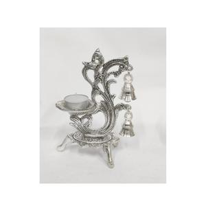 Modern Industrial German <b>Silver</b> Peacock Diya Pair with Hanging Bells Elegant Decorative Oil <b>Lamps</b> for Pooja Home Decor - Product Image 1