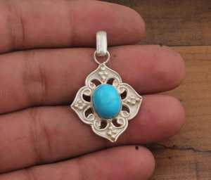 Blue Turquoise Sterling Silver Bezel Setting Vintage Style Ethnic Statement Pendant Children's Women's Unisex Gift - Product Image 3