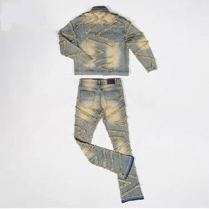 ชุดแจ็คเก็ตและกางเกงยีนส์สีพื้นสไตล์ฮิปฮอปสำหรับผู้ชาย ผ้าฝ้าย 100% ระบายอากาศได้ดี ปรับแต่งได้ ติดกระดุม เหมาะสำหรับแฟชั่นลำลอง - Product Image 5