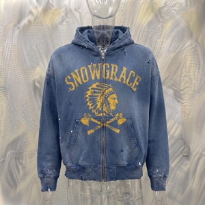 เสื้อสเวตเชิ้ตมีฮู้ดสีน้ำเงิน Snowgrace ผ้าฟลีซซิปหน้า ทรงโอเวอร์ไซส์ ยูนิเซ็กซ์ ผ้าฝ้ายวินเทจ ล้างสีแล้ว พิมพ์ลายแบบซับลิเมชั่น ดีไซน์กระเป๋าเสื้อ สำหรับฤดูหนาว - Product Image 3