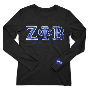 T-shirt à manches longues Zeta Phi Beta avec patch à sequins, noir, lettres grecques, vêtement de sororité, haut en coton élégant, coupe premium - Product Image 1