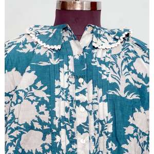 Blusa de Verano de Manga Corta con Cuello Mandarín, Estampado Floral Dulce Vintage, Corte Regular, 100% Algodón Lavable, Estilo Casual y Femenino - Product Image 3