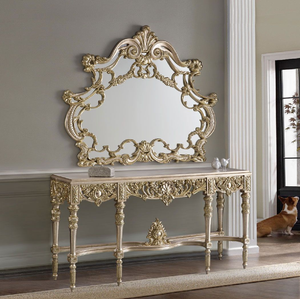 Grand <b>gold</b> carved wooden <b>console</b> <b>table</b> set with integrated candle holders and mirror, available at wholesale prices. - Product Image 2