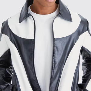 Veste en similicuir PU bleu personnalisée pour homme, style moto, coupe carrée, avec fermeture éclair et blocs de couleur, collection automne - Product Image 5