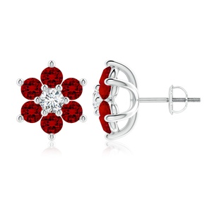 Luxury 14kt White Gold Natural Ruby Diamond Flower Stud <b>Earrings</b> Round Red Gemstone Screw Back <b>Earrings</b> OEM ODM Gift for Her - Product Image 1