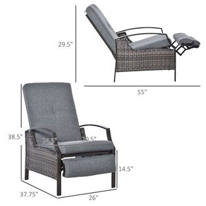 Sedia Reclinabile in Rattan Regolabile con Cuscino Grigio per Relax in Giardino - Product Image 3