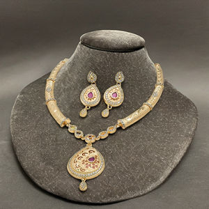 Wholesale 14K 18K 24K Gold Plated AD & <b>Ruby</b> Stone <b>Necklaces</b>, Traditional Design AD Stone Gold <b>Necklaces</b>, Fashion AD Jewelry Set. - Product Image 3