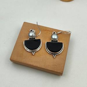Black Onyx And Pearl <b>Dangle</b> <b>Earrings</b> Sterling <b>Silver</b> Boho Handmade Black And White Gemstone Elegant Jewelry Gift - Product Image 6