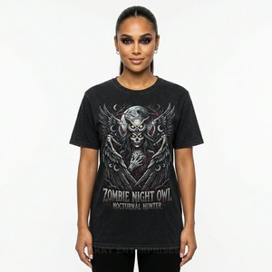 Camiseta Gráfica de Mujer con Diseño de Cazador de Búhos Nocturnos y Zombis, Estilo Parche Bordado Personalizado, Estampado de Esqueleto Animal, Tops Streetwear al por Mayor - Product Image 1
