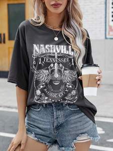 Camiseta Informal con Estampado Gráfico para Mujer, Mezcla de Algodón Suave, Cómoda para Uso Diario, Estilo Moderno - Product Image 3