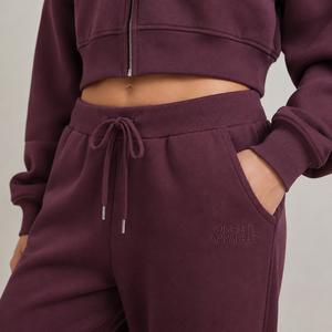 Unisex Maroon Hooded Cropped <b>Hoodie</b> Jogger Set Full Sleeve <b>Zip</b>-Up Loose Fit Lightweight Streetwear 2-in-1 Tracksuit Side <b>Pockets</b> - Product Image 5