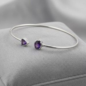 Amethyst Open <b>Bangle</b> <b>Bracelet</b> 925 Sterling Silver 14K Gold Plated Dainty February Birthstone Adjustable Jewelry - Product Image 4