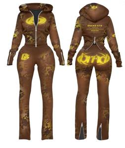 Wholesale Women Brown Camo Print Two Piece Set Slim Fit Hooded Jacket Flare Leg Sweatpants <b>Y2K</b> Streetwear Activewear <b>Tracksuit</b> - Product Image 1