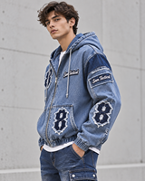 Veste en jean bleue à capuche pour homme Sam Tactical, fermeture éclair, appliques, streetwear, manteau d'automne, prix bas, personnalisation en gros