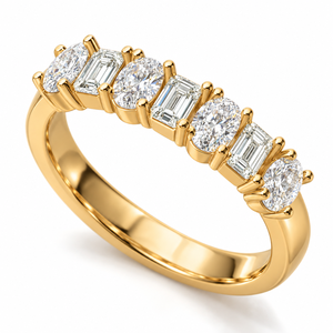 Bague à sept pierres à taille ovale émeraude alternée, classique, en or jaune 14K, avec diamant de laboratoire, alliance d'anniversaire, bijoux personnalisés OEM - Product Image 1