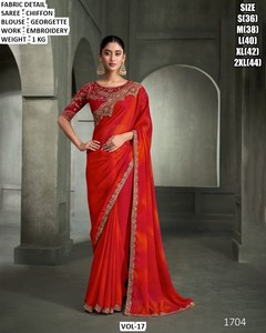 <b>Red</b> Chiffon <b>Saree</b> with Embroidered Blouse for Women Traditional Wedding Wear Wrinkle-Free Moisture-Wicking Size S to 2XL - Product Image 1