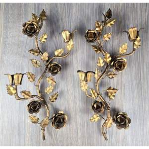 Handcrafted Metal Rose Vine <b>Wall</b> <b>Sconce</b> Set Elegant Gold Gilt Floral Blossom Double Arm <b>Wall</b> Mount Candle Holder for Luxury Home - Product Image 1