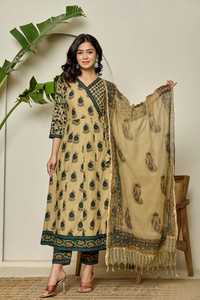 Ensemble Anarkali en coton beige premium 60x60 imprimé à la main avec kurta imprimé, pantalon assorti et dupatta pour femme - Product Image 2