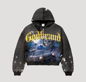 Sudadera con capucha personalizada OEM estilo vintage con gráficos, para hombre, estilo Y2K, con pedrería, con cremallera completa, de forro polar grueso. - Product Image 6