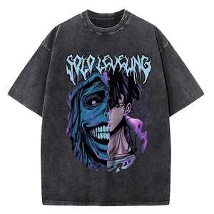 T-shirt vintage en coton délavé pour homme, style streetwear, avec imprimé graphique Anime Solo Leveling, coupe ample, manches courtes - Product Image 5