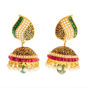 Vintage Gold Plated Pearl Drop Jhumka Earrings Ethnic Religious Design - Product Image 2