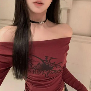 Gothic Red Off Shoulder Long <b>Sleeve</b> <b>Crop</b> <b>Top</b> With <b>Black</b> Print Pattern Slim Fit Knitted Women's T-Shirt - Product Image 5