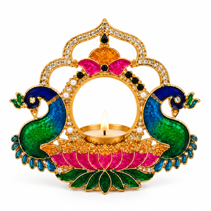 Diya en laiton à double motif paon et travail miroir pour la décoration de la maison à Diwali, la décoration festive de la Puja et les cadeaux traditionnels indiens pour Diwali ! - Product Image 1