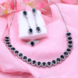 925 Sterling Silver London <b>Blue</b> <b>Topaz</b> & Cubic Zircon Jewelry Set | Necklace <b>Earrings</b> Ring Set for Women Bridal Party - Product Image 5