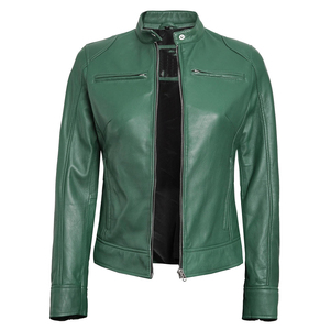 Women's Genuine Leather Moto <b>Jacket</b> Stand Collar Full Sleeve Zipper Closure Autumn Solid Color <b>Biker</b> <b>Jacket</b> - Product Image 4