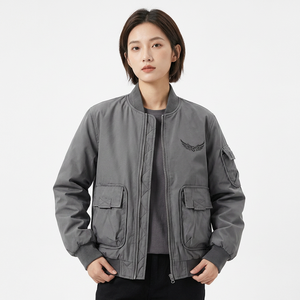 <b>Men's</b> Gray <b>Jacket</b> With Embroidered Wings Logo Zipper Stand Collar Casual Windproof Thick Polyester Wadding Autumn Wear - Product Image 4