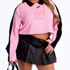 Camiseta de Fútbol Americano para Mujer, Estilo Casual, Rosa y Negra, Manga Larga, Corte Recortado, Paneles en Contraste, Ajuste Delgado, Moda Urbana - Product Image 2