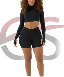 Women's Black Full <b>Sleeve</b> Mock Neck Crop <b>Top</b> With Zipper Seamless Yoga Activewear <b>Top</b> - Product Image 5