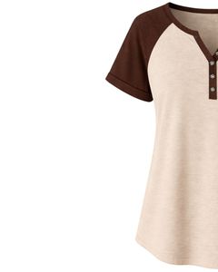 Beige Brown Women T Shirt Short Sleeve Henley Neck Raglan Tee Soft Cotton Casual Summer <b>Top</b> Breathable Comfortable Daily Wear - Product Image 4