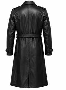 <b>Men's</b> Genuine Leather <b>Coat</b> <b>Long</b> Slim Fit With Belt Closure <b>Black</b> - Product Image 6