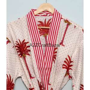 Bata Kimono de Algodón con Estampado Floral para Mujer, Cuello en V, Largo Completo, Mangas Tres Cuartos, Cierre con Cordón Delantero, Suave y Transpirable - Product Image 4