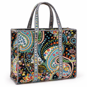 Bolso Tote de Algodón Acolchado con Estampado Paisley Multicolor, Hecho a Mano, Ligero, con Cierre, Estilo Étnico Indio, Gran Capacidad, para Mujer - Product Image 1