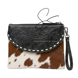 <b>Tooled</b> <b>Leather</b> Wristlet Clutch Real Hair On Cowhide Zipper <b>Pouch</b> Buckstitch Lacing Western Handbag Custom OEM Wholesale Brown - Product Image 1